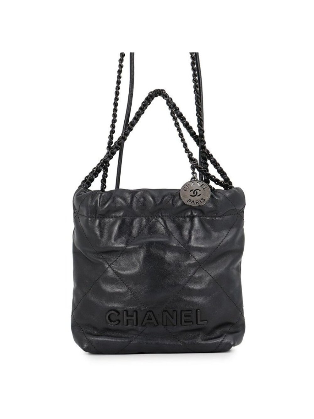 Chanel Handbag 22 Mini CC Logo Shiny Calfskin 2-Way Shoulder Black